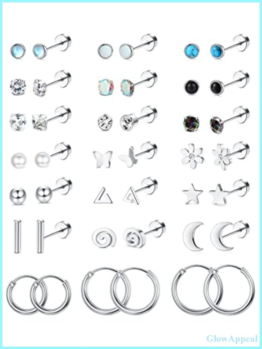 Surgical Steel Flat Back Stud Earrings Set Hypoallergenic Women Cartilage Hoops